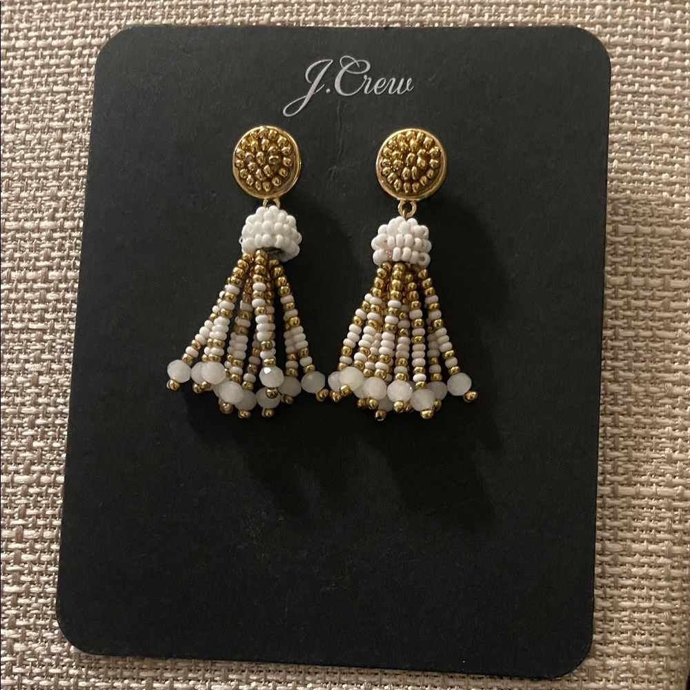 J. Crew Gold and White Beaded Tassel Earrings